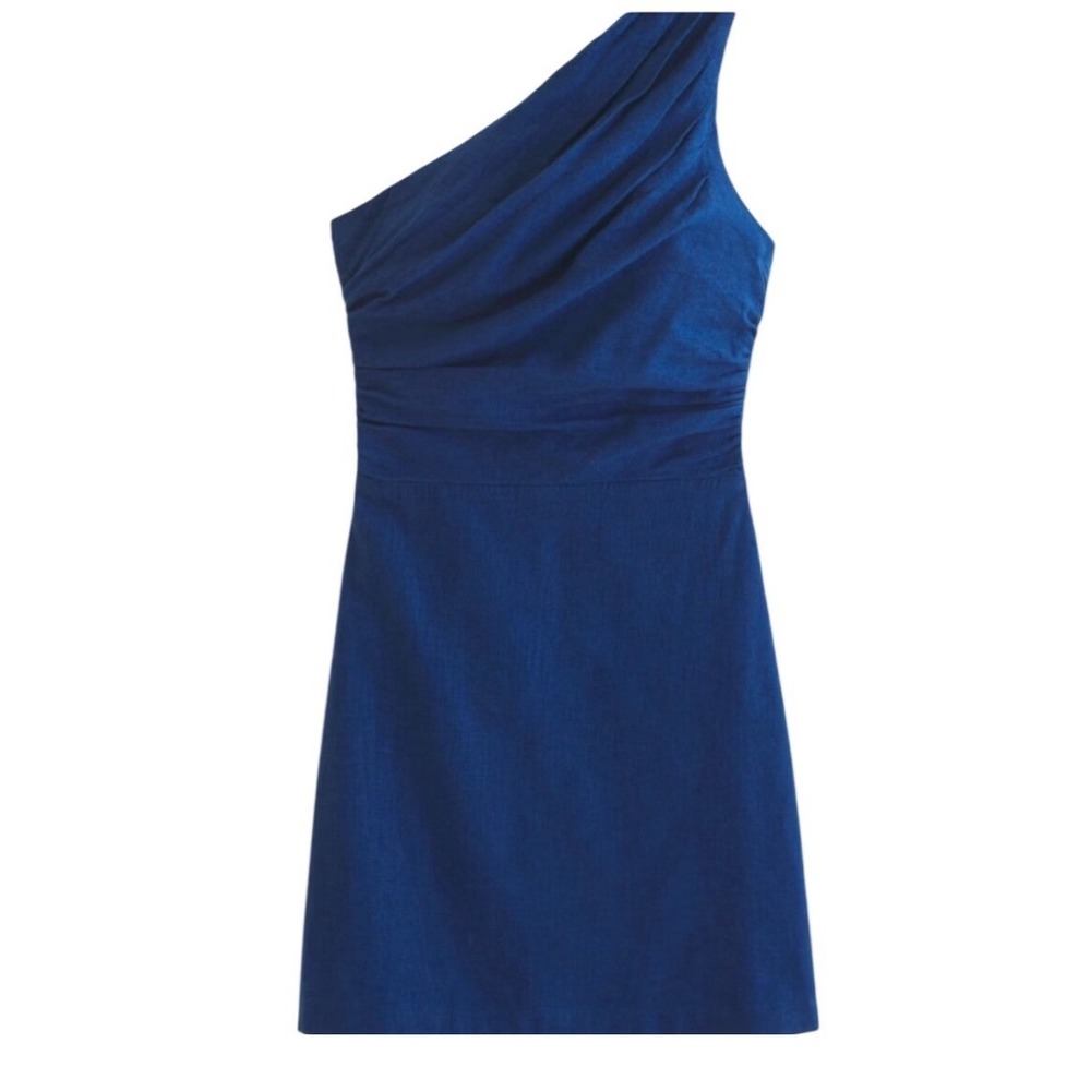 Abercrombie and fitch one shoulder linen blend mini dress blue ruching large‎